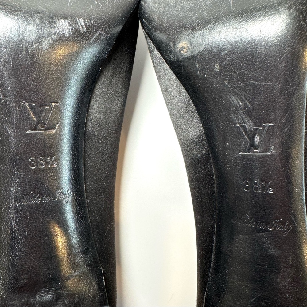 Louis Vuitton Music Hall Black Satin W Mirror LV Logo Peep Toe Pumps, Size 38.5 - Picture 13 of 15